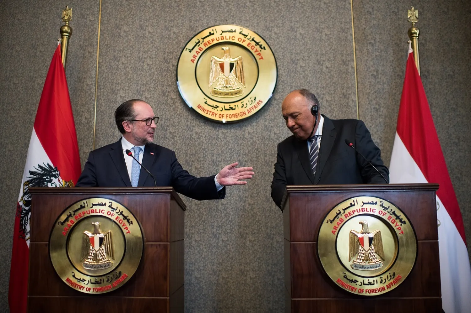 03 July 2022, Egypt, Cairo: Austrian Foreign Minister Alexander Schallenberg (L) and Egyptian Foreign Minister Sameh Shoukry hold a joint press conference following their meeting in Cairo. (dpa)