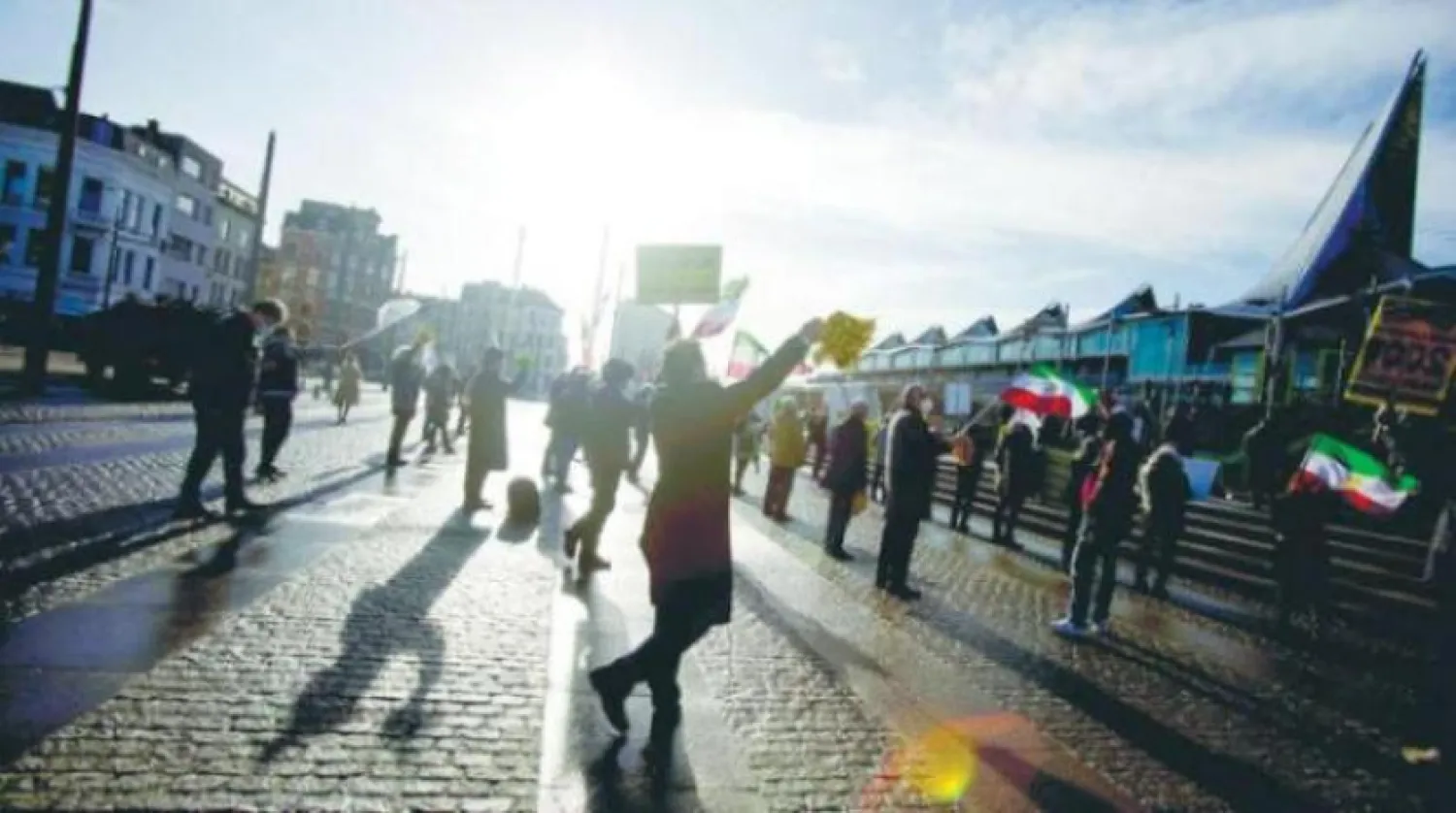 A protest by the Iranian opposition during the trial of Asadi in Belgium last year (AP)