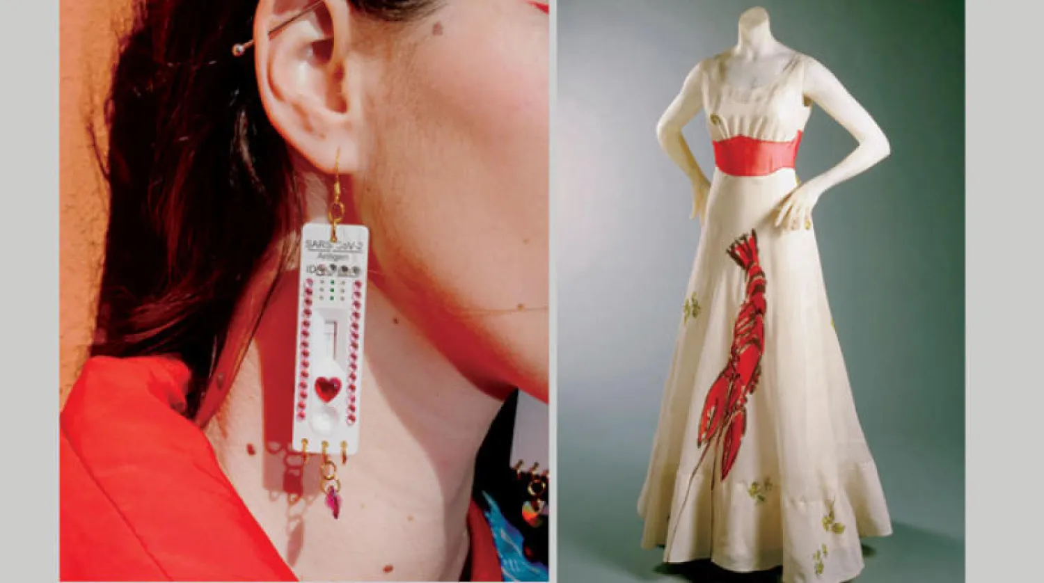 فستان الأورغانزا الحريري الأبيض الباهت من تصميم إلسا سكياباريللي (فيلادلفيا متحف الفن)  -  حلق اختبار (كوفيد-19) صورة للفنانة كارولينا غارسيا كاباليرو (المصدر: هان + هارتونغ)