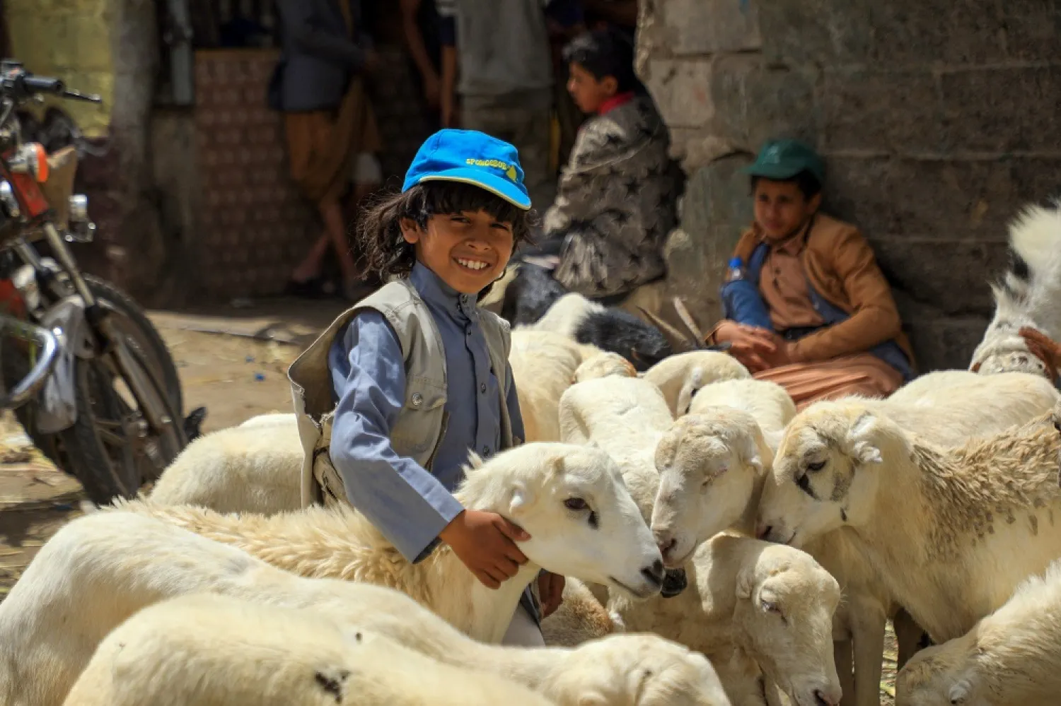 A Yemeni boy stands next to sheep at a livestock market in the capital Sanaa, on July 5, 2022, as Muslims prepare for the Eid al-Adha holiday. (AFP)