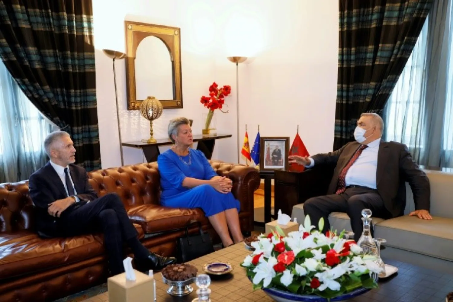 Ylva Johansson, EU commissioner for home affairs, Spanish Interior Minister Fernando Grande-Marlaska and Moroccan Interior Minister Abdelouafi Laftit. (Moroccan Interior Ministry/AFP) 