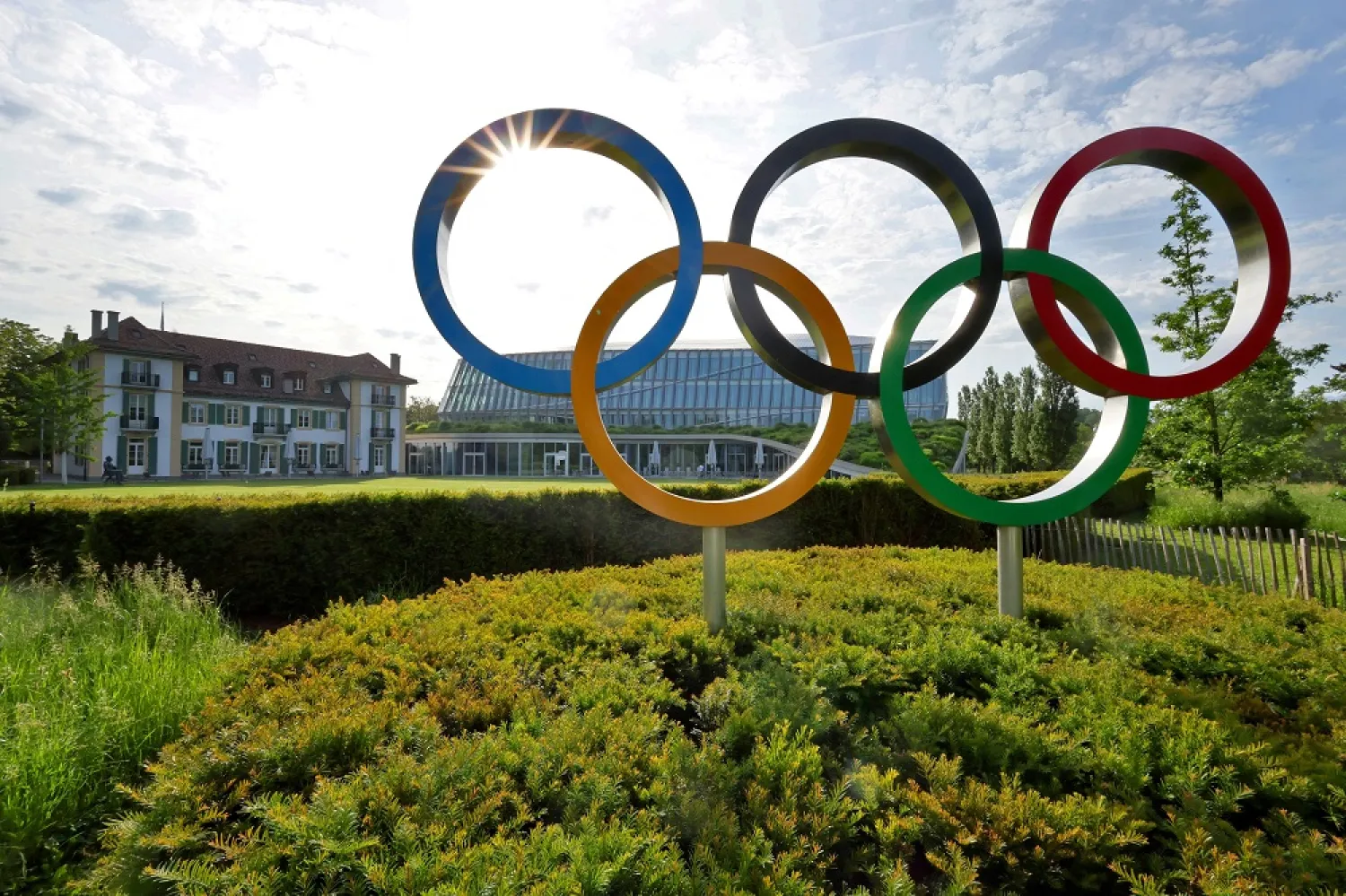 The Olympic rings are pictured in front of the International Olympic Committee (IOC) headquarters in Lausanne, Switzerland, May 17, 2022. (Reuters)