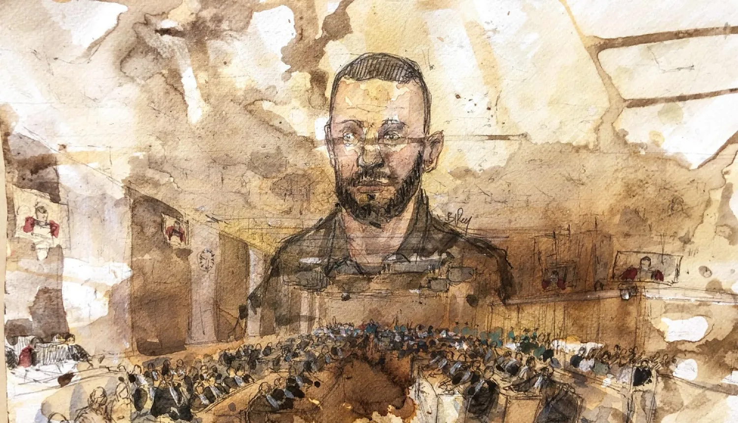 This court sketch made on June 29, 2022, shows main defendant Salah Abdeslam drawn over a general view of the courtroom during the trial of the of the November 13, 2015, Paris terror attacks.(AFP)