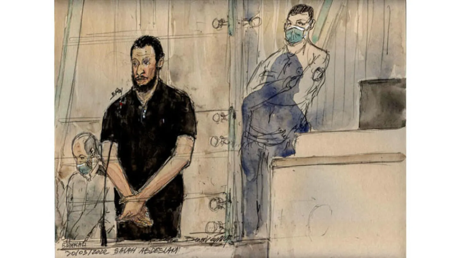 رسم لصلاح عبد السلام المشتبه به الرئيسي في  اعتداءات نوفمبر 2015 لدى مثوله امام محكمة باريس الجنائية ( أ.ف.ب )