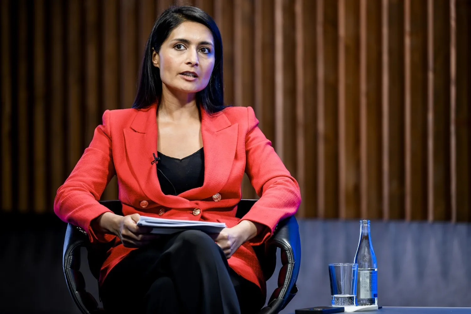 Saadia Zahidi, managing director at the World Economic Forum, speaks during a virtual media briefing, in Cologny near Geneva, Switzerland, 18 May 2022. (EPA)