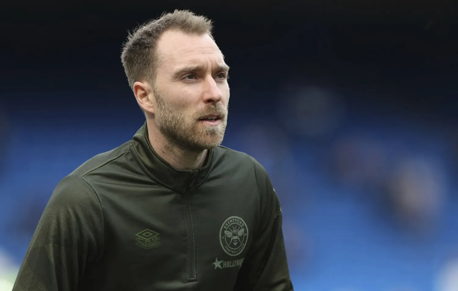 Brentford's Christian Eriksen warms up before their English Premier League match against Chelsea, at the Stamford Bridge stadium in London, April 2, 2022. (AP)