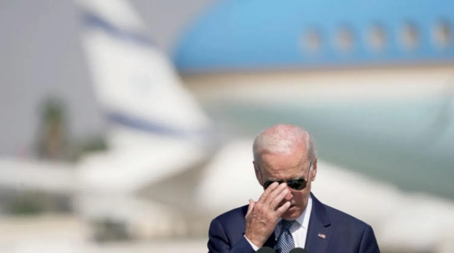 US President Joe Biden delivers a speech after arriving at Ben Gurion Airport (AP)