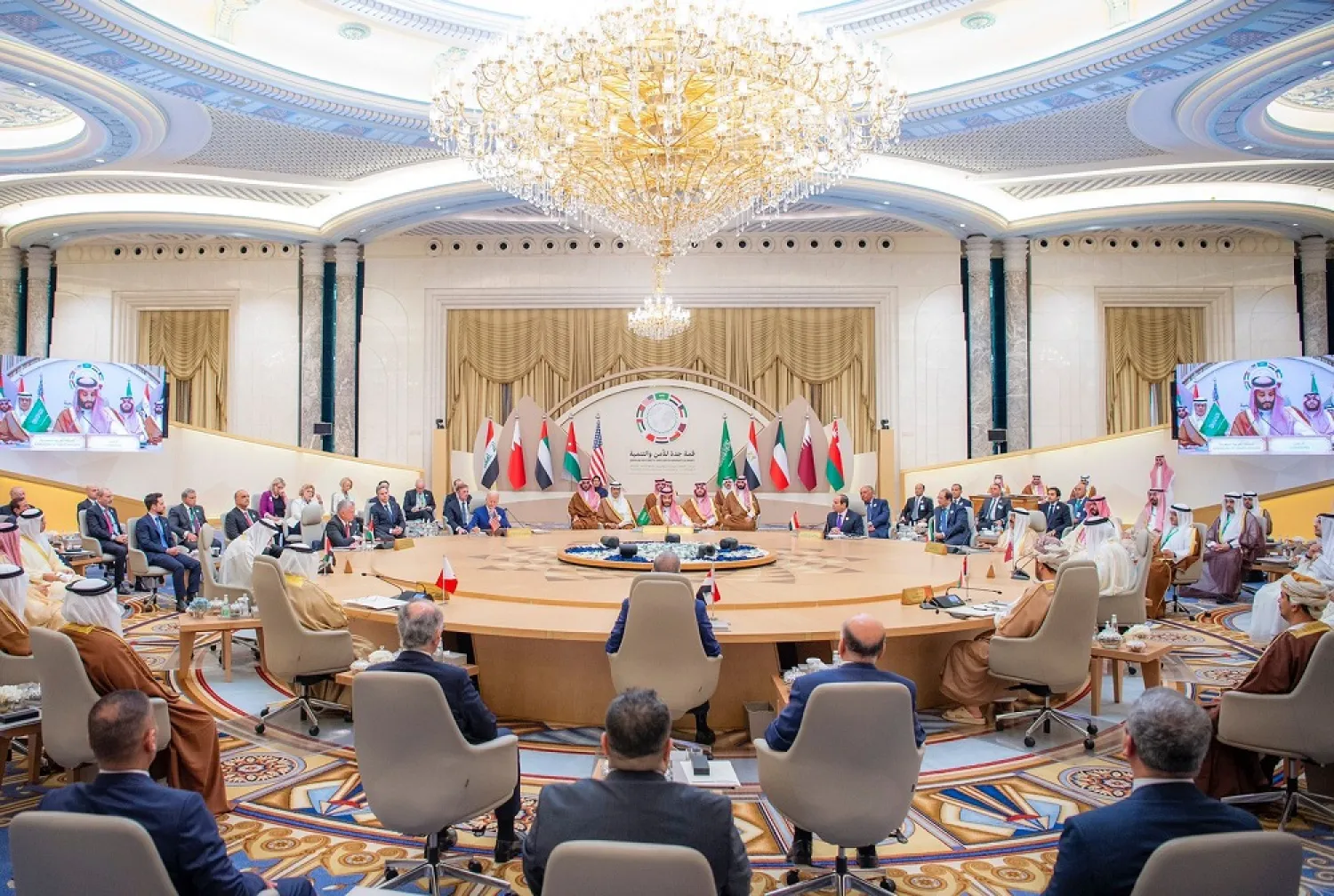 Crown Prince Mohammed bin Salman delivers his address at the Jeddah summit. (SPA)