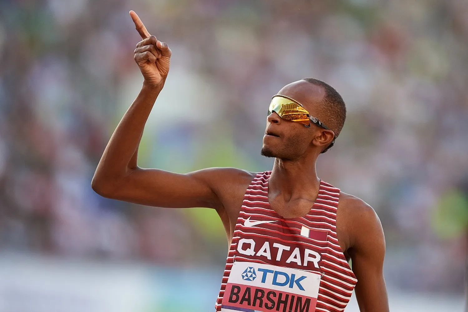 Mutaz Essa Barshim of Qatar reacts during the final of the Men's High Jump at the World Athletics Championships Oregon22 at Hayward Field in Eugene, Oregon, US, 18 July 2022. (EPA)