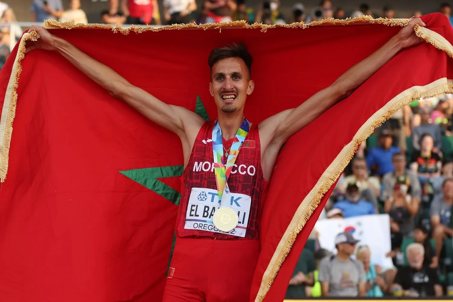 Soufiane El Bakkali of Team Morocco celebrates after winning gold in the Men's 3000m Steeplechase Final on day four of the World Athletics Championships Oregon22 at Hayward Field on July 18, 2022 in Eugene, Oregon. (Getty Images/AFP)