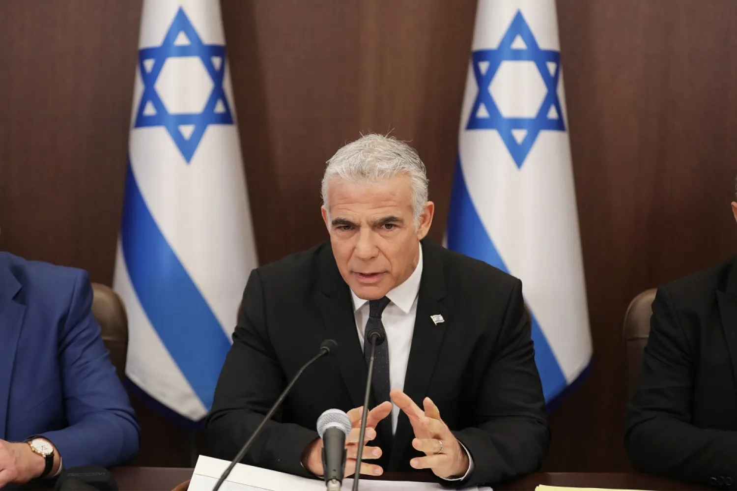 Israeli Prime Minister Yair Lapid speaks during a cabinet meeting at the prime minster's office in Jerusalem, Sunday, July 17, 2022. (AP) 