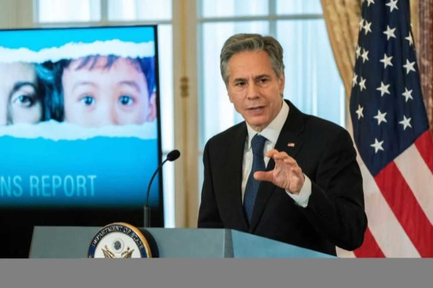 بلينكن يتحدث خلال حفل إطلاق تقرير الاتجار بالبشر لعام 2022 أول من أمس (رويترز)