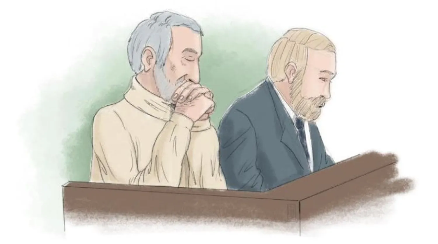 This file courtroom sketch made on November 23, 2021 by Anders Humlebo shows former Iranian prison official Hamid Noury (L) and attorney Thomas Soderqvist during the war crime trial against Noury who is being questioned in Stockholm District Court, Stockholm. (Photo by Anders HUMLEBO / TT NEWS AGENCY / AFP)
