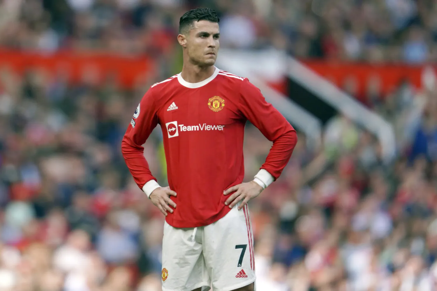 Cristiano Ronaldo stands on the pitch during soccer match between Manchester United and Norwich City at Old Trafford stadium in Manchester, England, on April 16, 2022. (AP File Photo)
