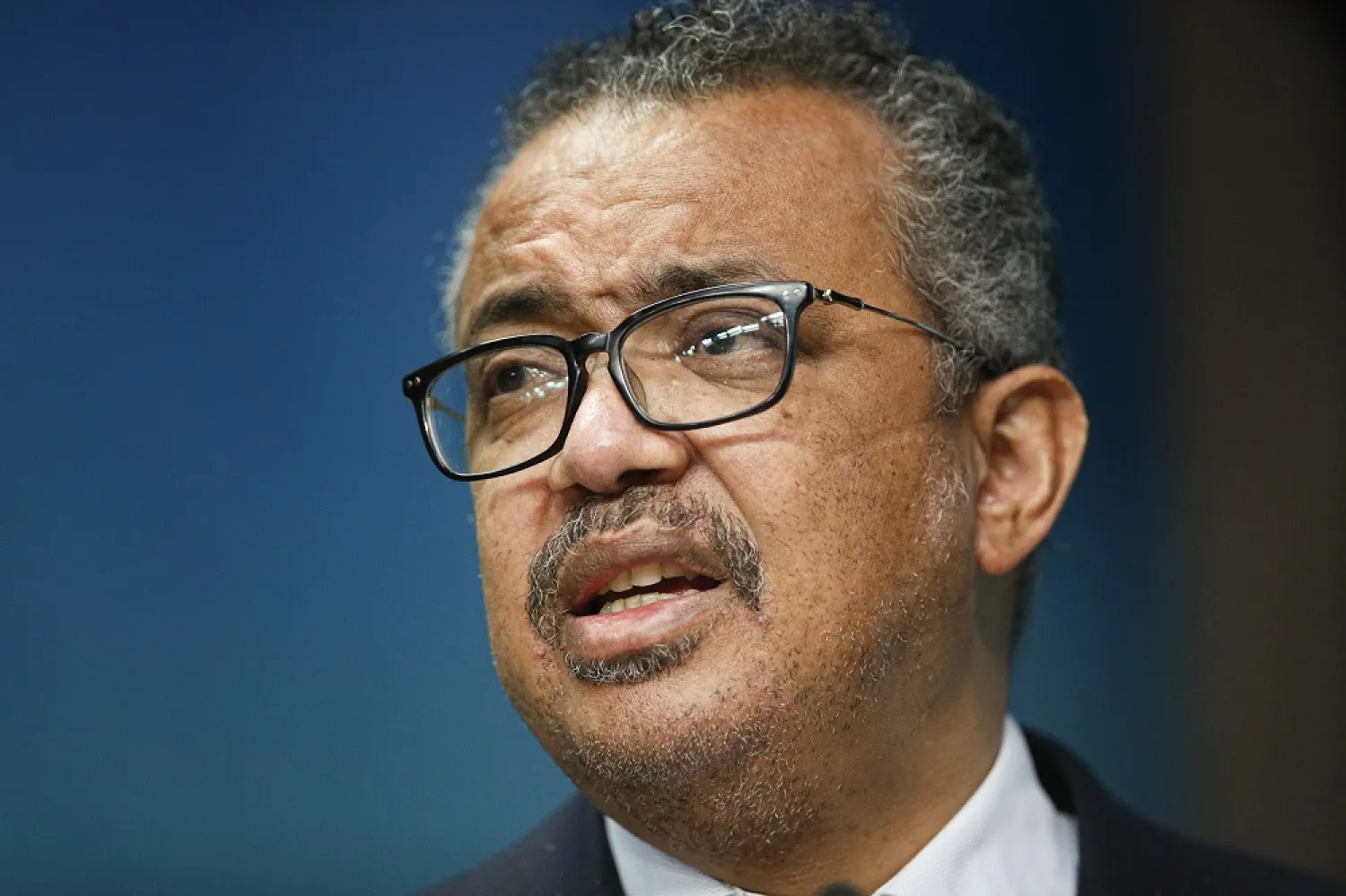 The head of the World Health Organization, Tedros Adhanom Ghebreyesus speaks during a media conference at an EU Africa summit in Brussels on Feb. 18, 2022. (AP)