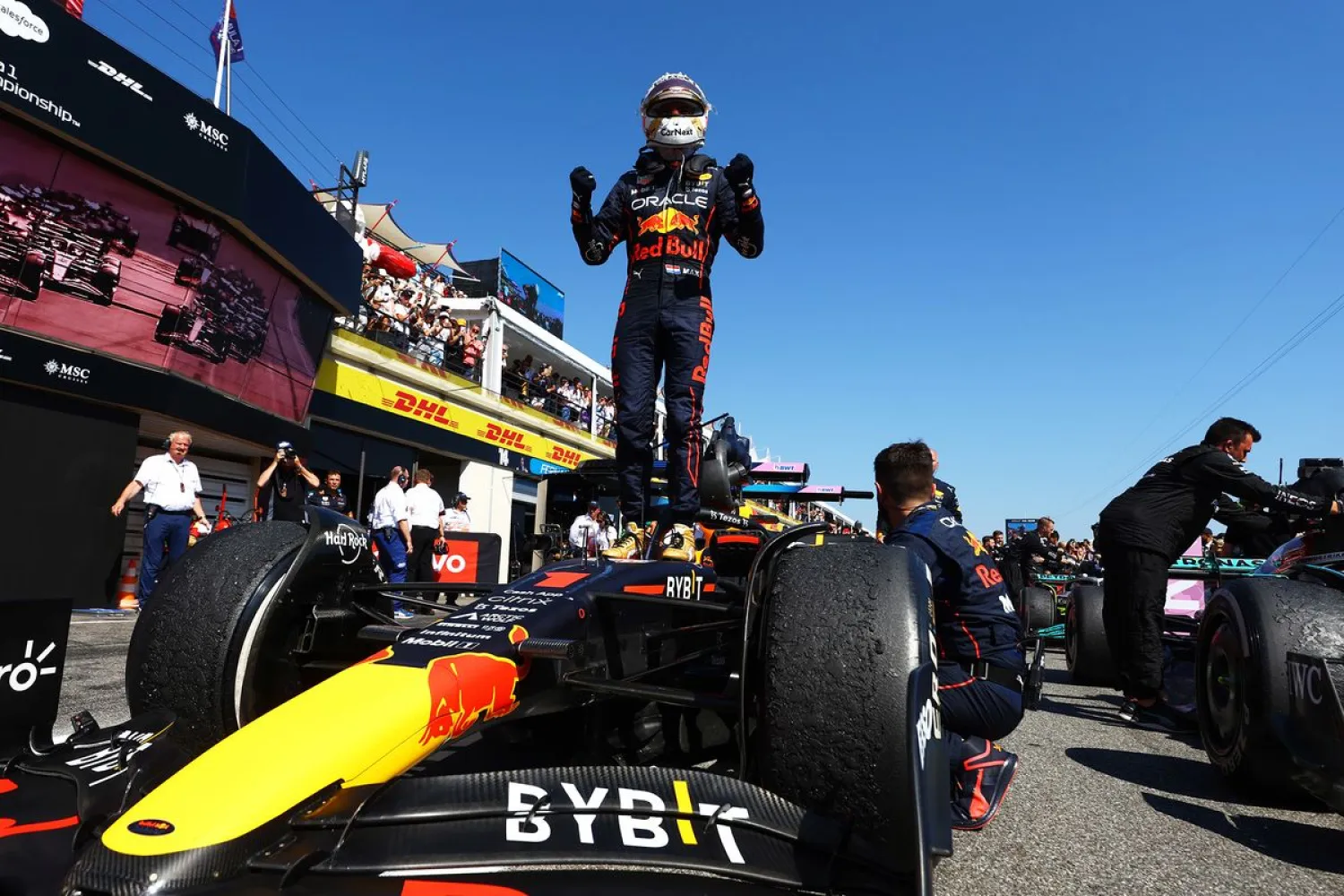 Max Verstappen celebrates after winning the F1 Grand Prix of France at Circuit Paul Ricard in Le Castellet, France, on July 24, 2022. Photographer: Mark Thompson/Getty Images
