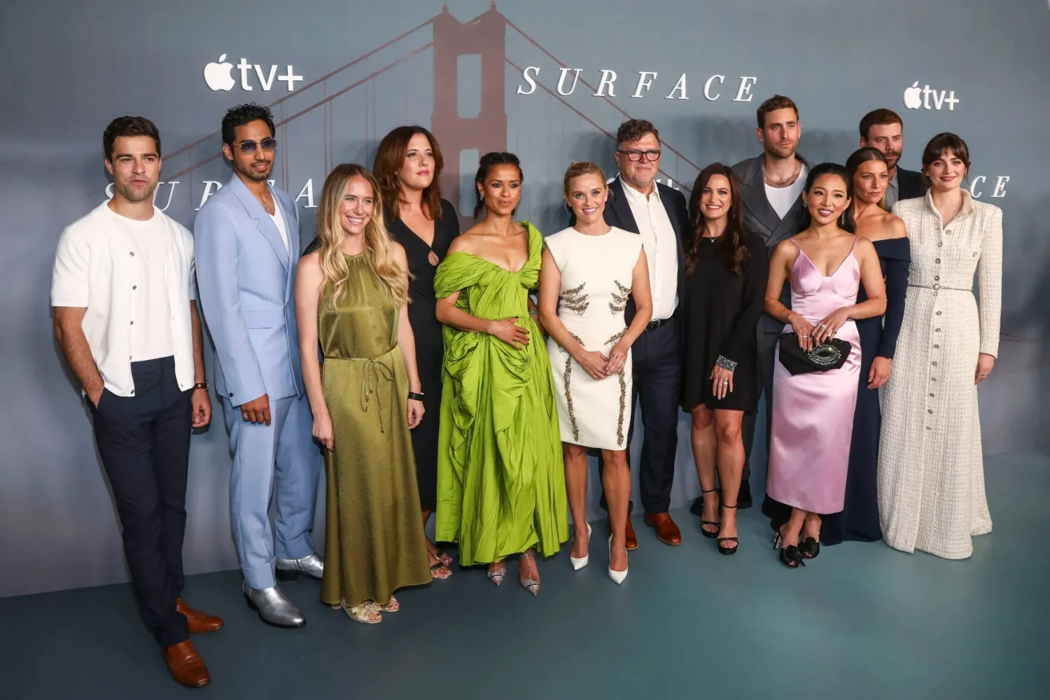Markian Tarasiuk, from left, Andres Joseph, Veronica West, Gugu Mbatha-Raw, Reese Witherspoon, Sam Miller, Lauren Neustadter, Oliver Jackson-Cohen, Christin Park, Ari Graynor, Francois Arnaud and Millie Brady attend the Apple TV+ premiere of “Surface” at the Morgan Library on Monday, July 25, 2022, in New York. (Photo by Andy Kropa/Invision/AP)

