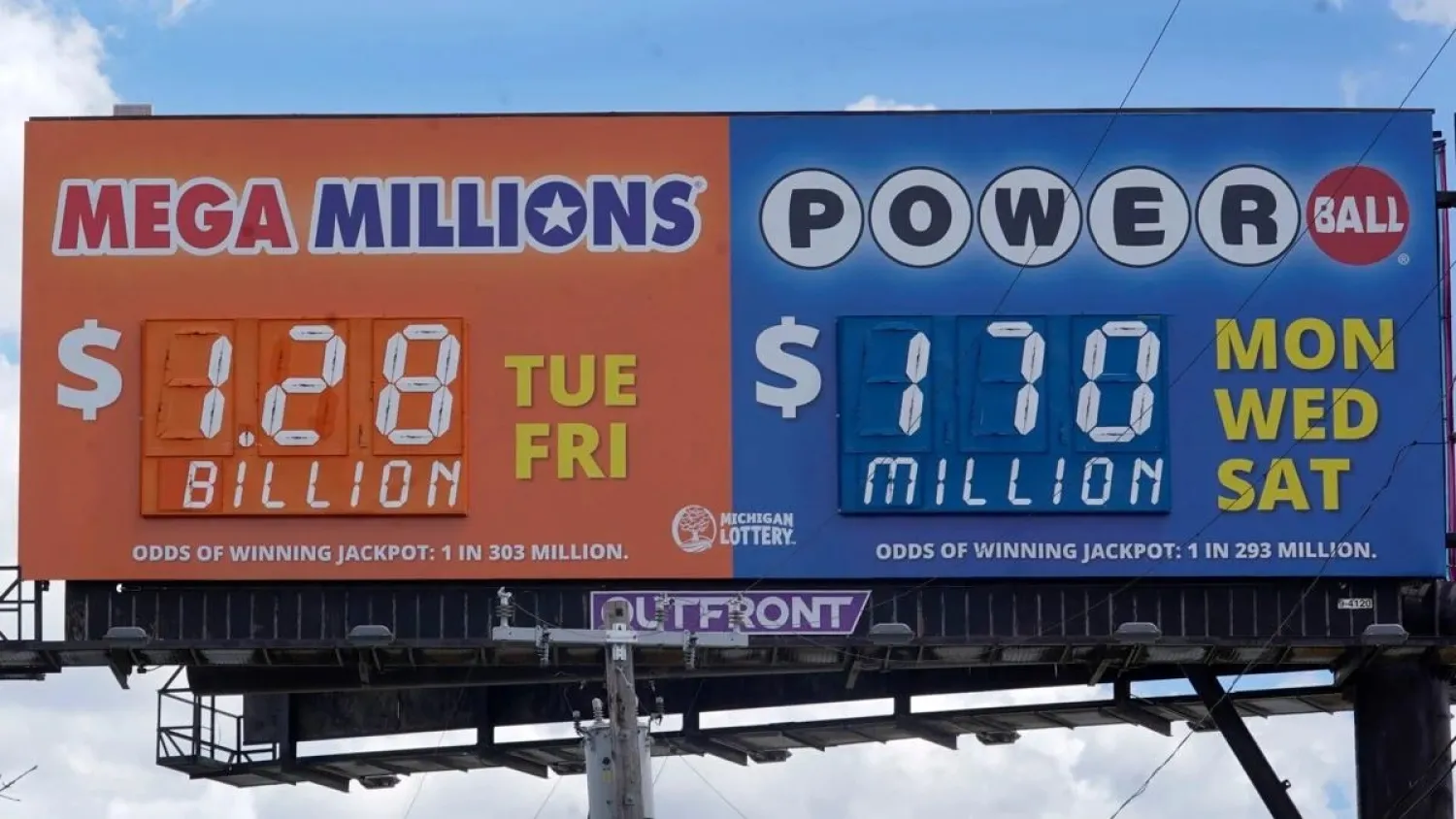A sign displays the Mega Millions lottery jackpot in Detroit, Friday, July 29, 2022. AP
