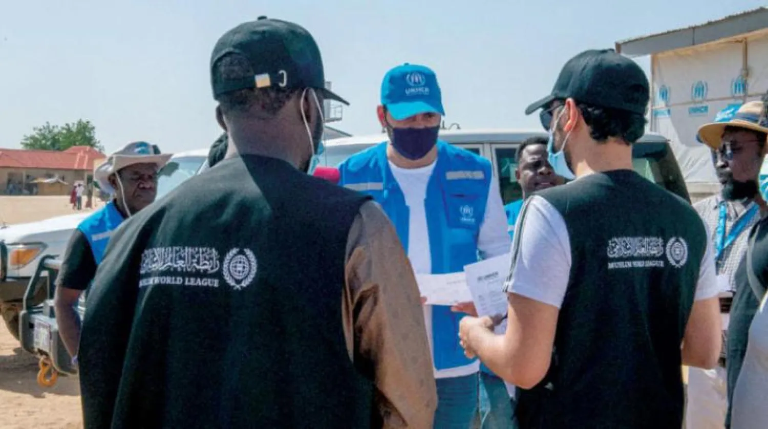 The Muslim World League delegation visiting camps in Nigeria to follow up on protecting internally displaced children project funded by the league. (Asharq Al-Awsat)
