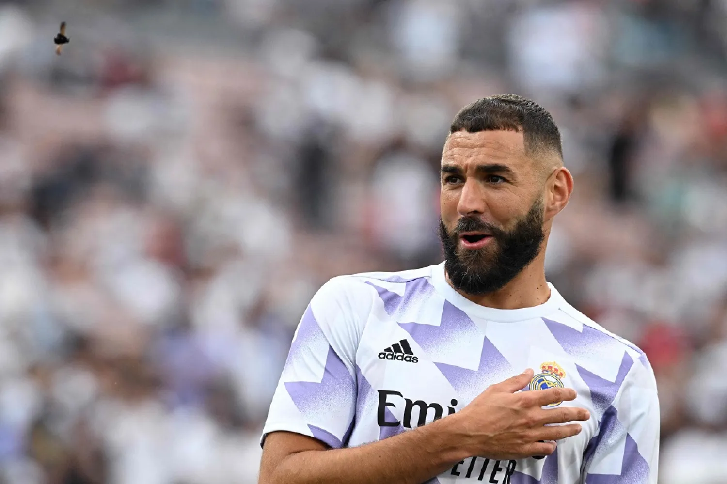 Real Madrid's French forward Karim Benzema reacts as an insect (L) flies past ahead of the international friendly football match between Real Madrid and Juventus at the Rose Bowl in Pasadena, California, on July 30, 2022. (AFP)