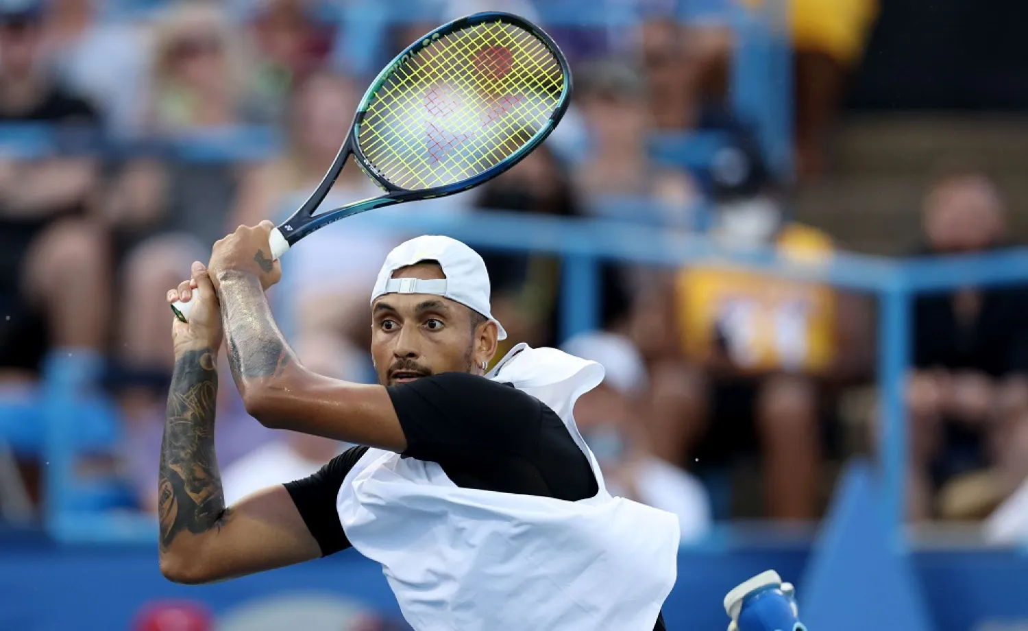 Nick Kyrgios of Australia plays a shot against Marcos Giron of the United States during Day 4 of the Citi Open at Rock Creek Tennis Center on August 02, 2022 in Washington, DC. (Getty Images/AFP)