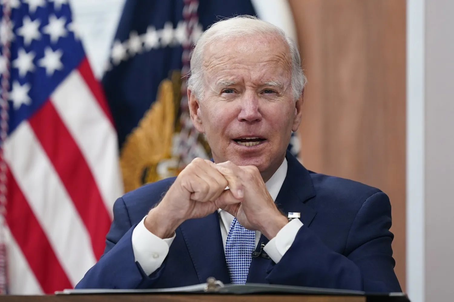 President Joe Biden speaks about the economy during a meeting with CEOs in the South Court Auditorium on the White House complex in Washington,July 28, 2022. (AP)