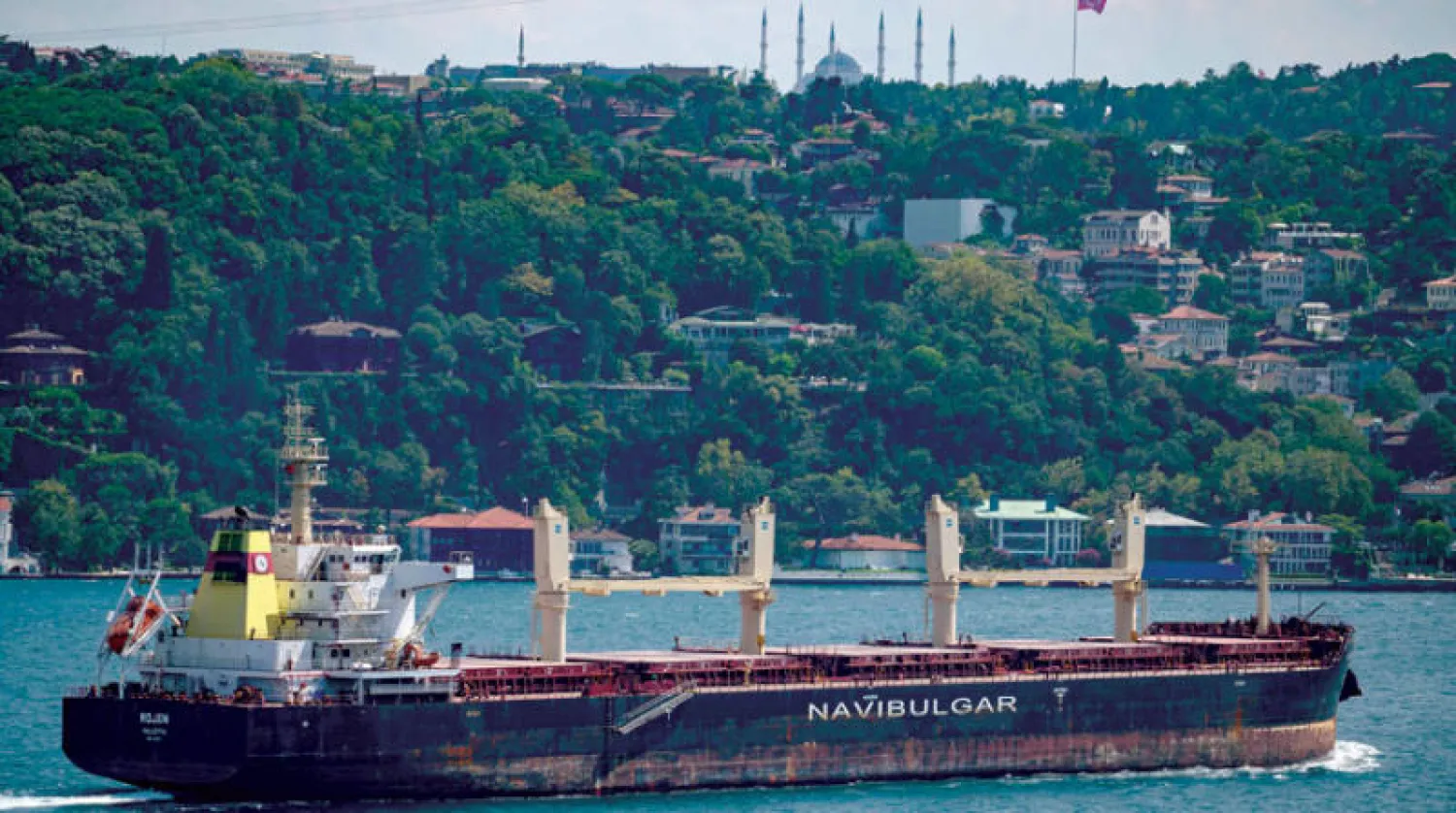 السفينة المحملة بالحبوب الأوكرانية «روجين» لدى عبورها مضيق البوسفور أمس (أ.ف.ب)