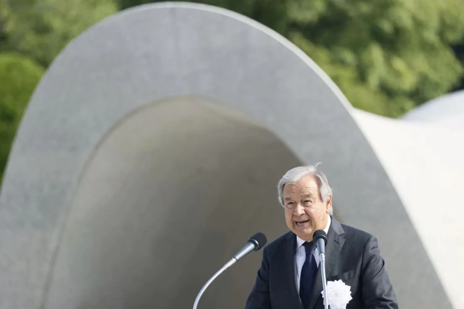 UN Secretary General Antonio Guterres delivers a speech during a ceremony to mark the 77th anniversary of the world's first atomic bombing, at Peace Memorial Park in Hiroshima, western Japan, August 6, 2022, in this photo taken by Kyodo. Mandatory credit Kyodo via REUTERS