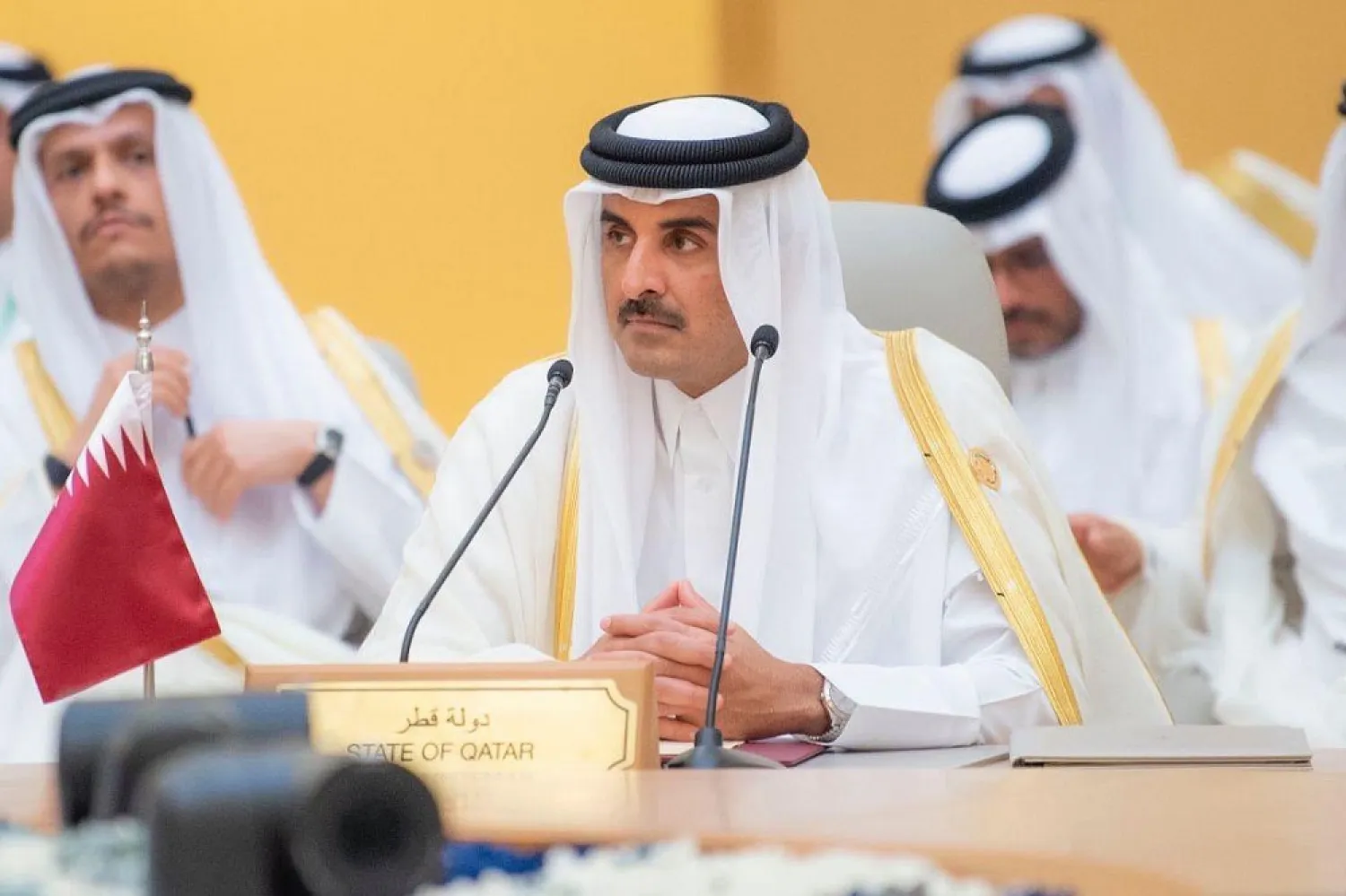 16 July 2022, Saudi Arabia, Jeddah: Emir of Qatar Sheikh Tamim bin Hamad Al Thani speaks during the Jeddah Security and Development Summit. (SPA)