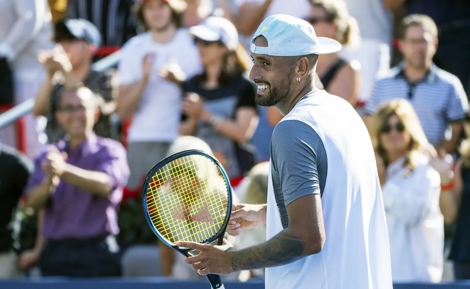 Nick Kyrgios of Australia celebrates his victory over Daniil Medvedev during second round play at the National Bank Open tennis tournament Wednesday Aug. 10, 2022. in Montreal. (AP)