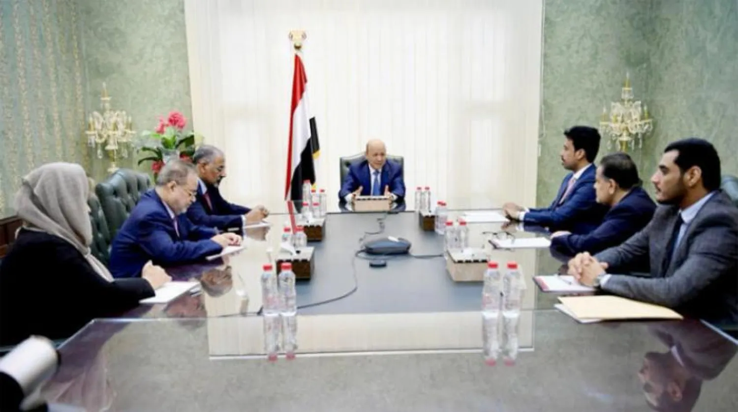 Al-Alimi meets with members of the Consultations and Reconciliation Commission in Aden on Sunday. (Saba)