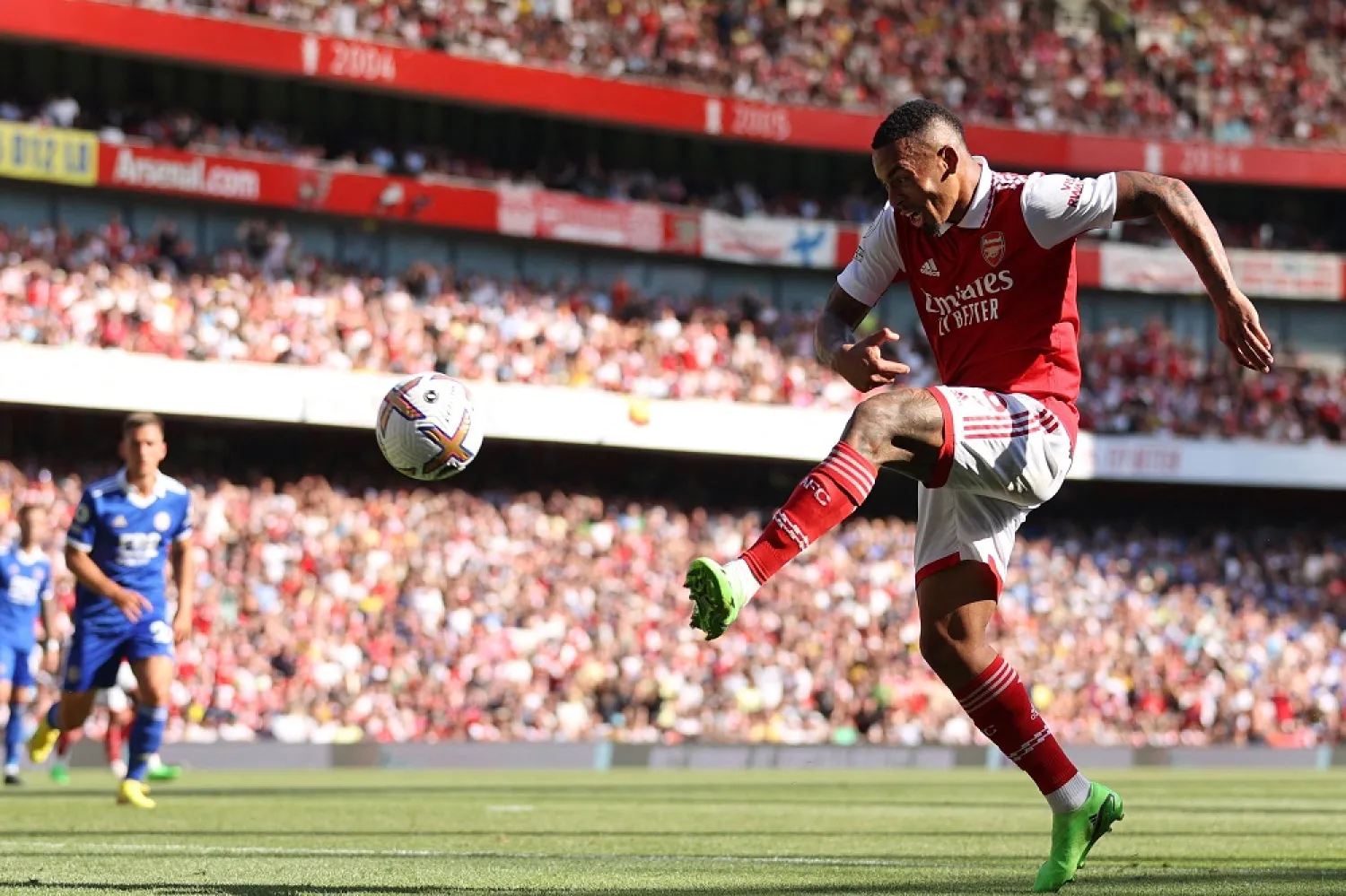 Arsenal's Brazilian striker Gabriel Jesus has an unsuccessful shot during the English Premier League football match between Arsenal and Leicester City at the Emirates Stadium in London on August 13, 2022. (AFP)