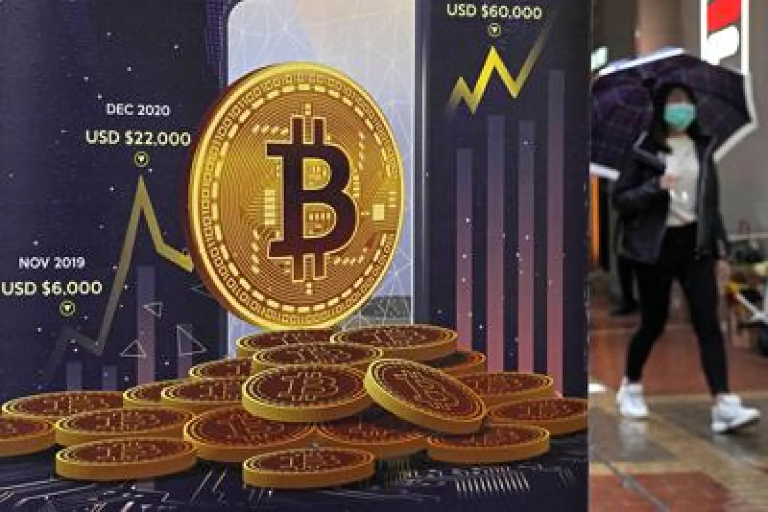 FILE - An advertisement for Bitcoin cryptocurrency is displayed on a street in Hong Kong, Thursday, Feb. 17, 2022. (AP Photo/Kin Cheung, File)
