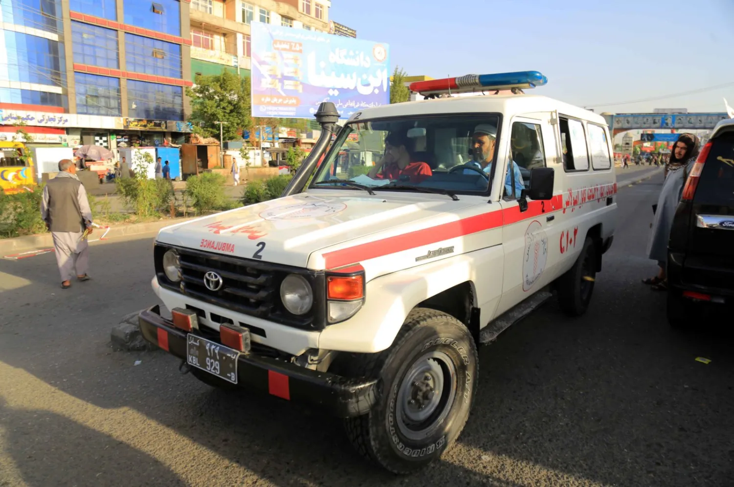 An ambulance transports injured victims of the bomb blast near the scene in Kabul, Afghanistan, Aug. 6, 2022. (EPA File Photo)
