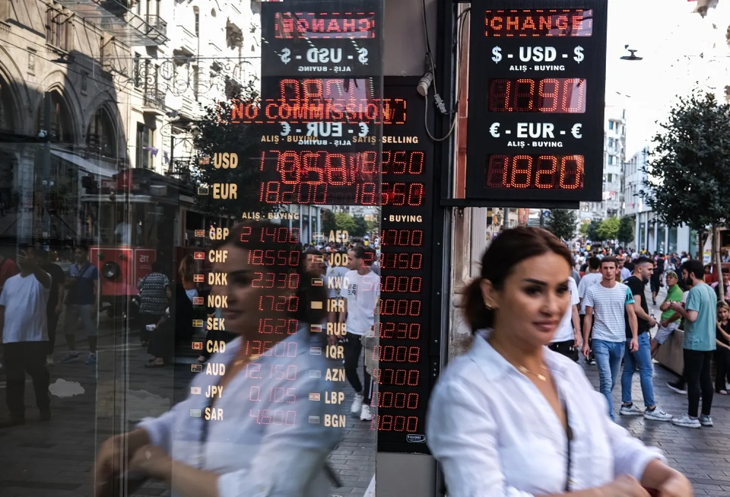 A woman walks past a board displaying exchange rates at a currency exchange office in Istanbul, Türkiye, 18 August 2022. (EPA)
