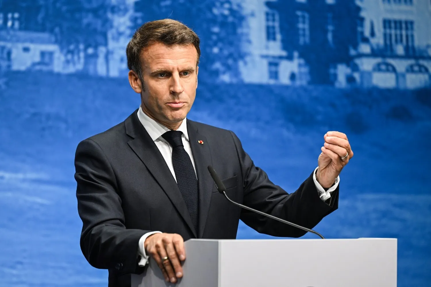 28 June 2022, Bavaria, Elmau: President of France Emmanuel Macron speaks during a press conference at the end of the G7 summit at Schloss Elmau. (dpa)