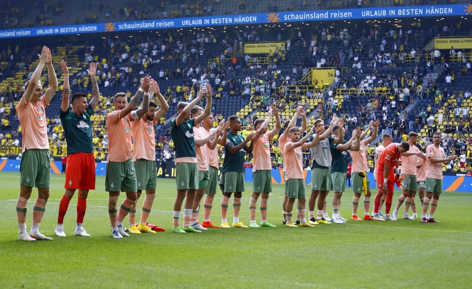 Football - Bundesliga - Borussia Dortmund v Werder Bremen - Signal Iduna Park, Dortmund, Germany - August 20, 2022 Werder Bremen team members celebrate after the match. (Reuters)