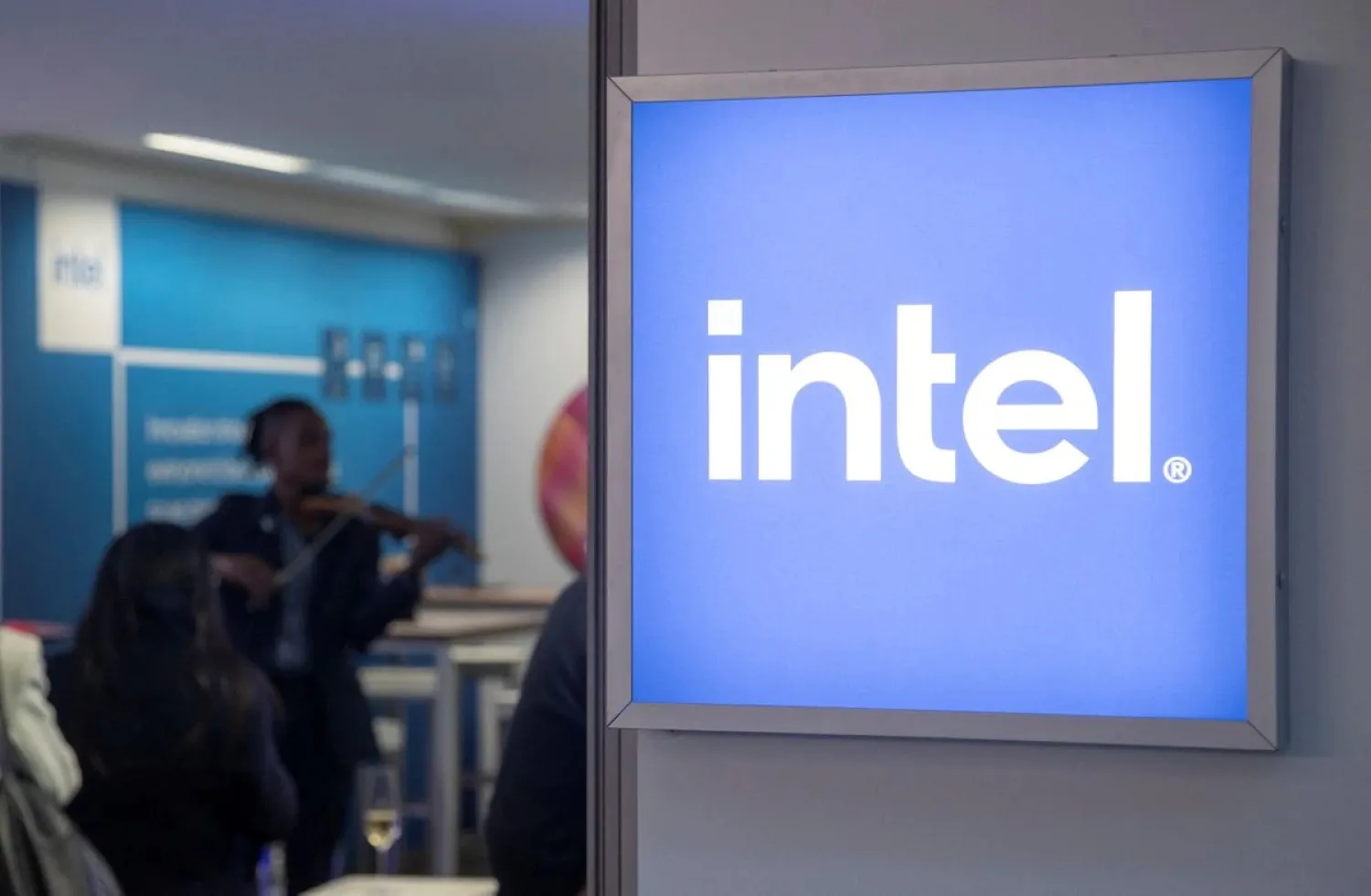 The Intel Corporation logo is seen at a temporary office during the World Economic Forum 2022 (WEF) in the Alpine resort of Davos, Switzerland May 25, 2022. (Reuters)