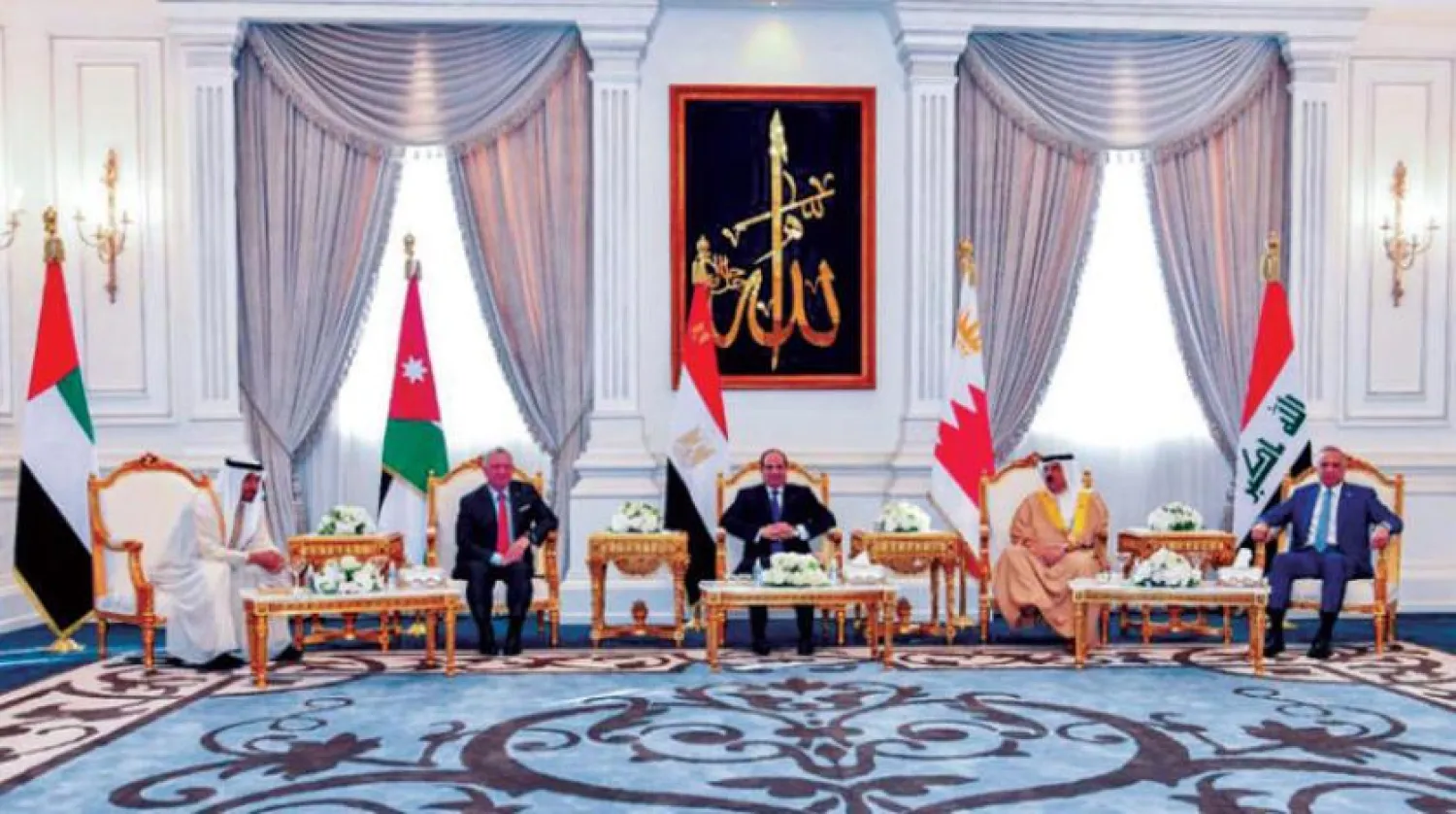 Egypt’s President Abdel Fattah al-Sisi, Bahrain’s King Hamad bin Isa, Jordan’s King Abdullah II, UAE President Sheikh Mohamed bin Zayed and Iraqi PM Mustafa al-Kadhimi at al-Alamein International Airport on Monday, August 22, 2022. (Egyptian presidency)

