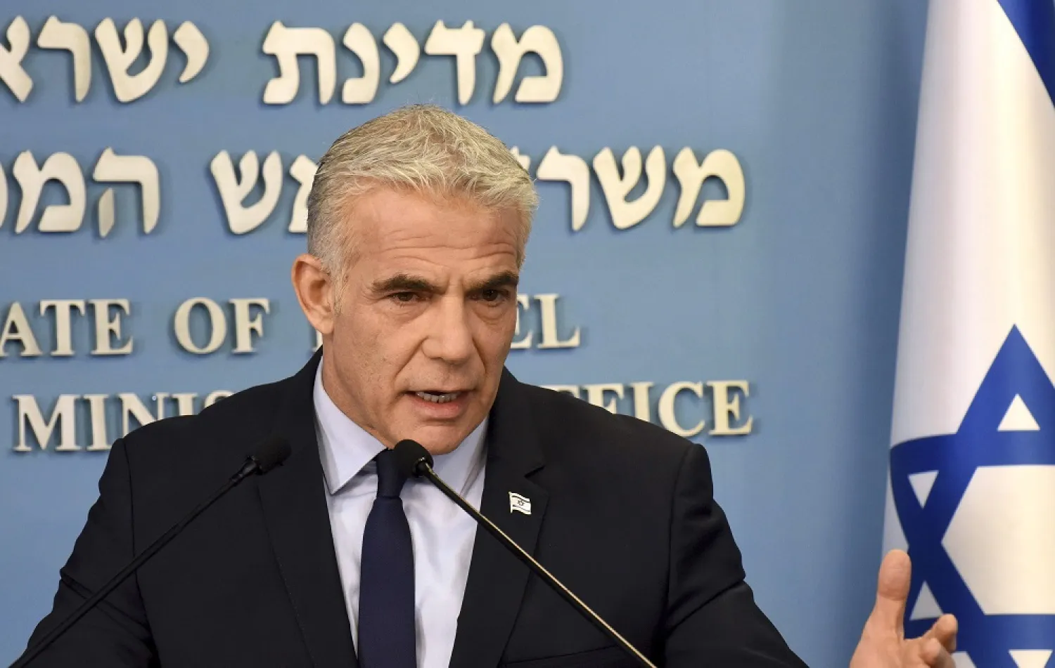 Israeli Prime Minister Yair Lapid speaks about Iran at a security briefing for the foreign press at the prime minister's office in Jerusalem, Wednesday, Aug. 24, 2022. (AP)