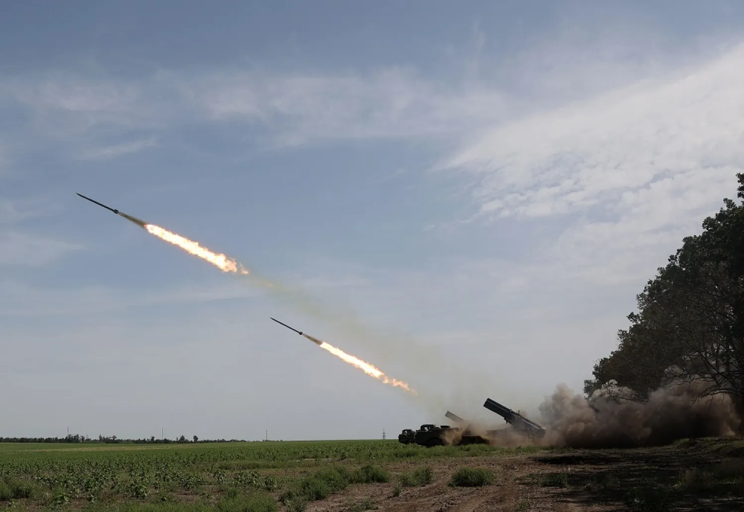 Ukrainian artillery unit fires with a BM-27 Uragan, a self-propelled 220 mm multiple rocket launcher, at a position near a frontline in Donetsk region on August 27, 2022, amid the Russian invasion of Ukraine. (AFP)