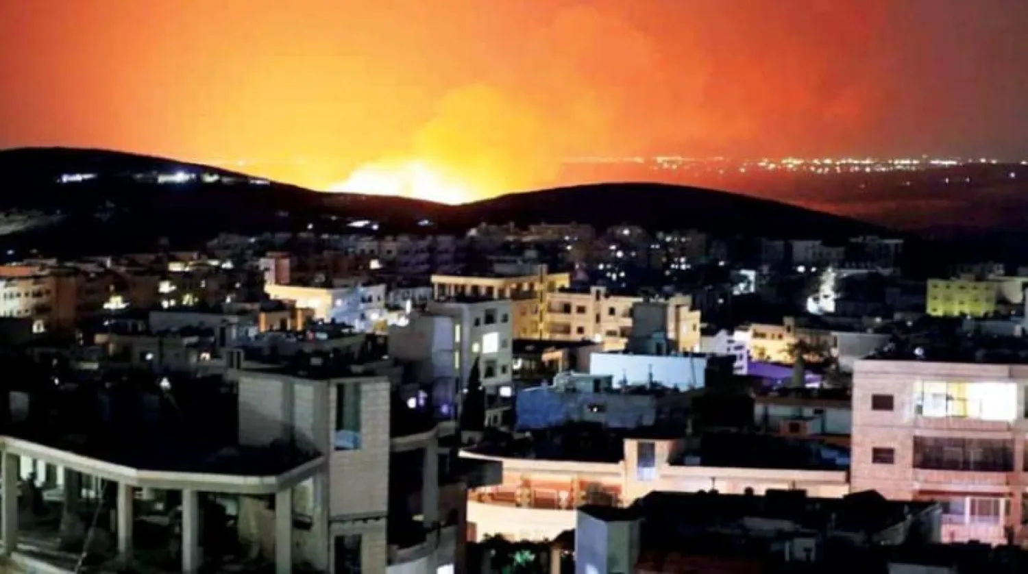 A photo of the Israeli strike on Iranian arms depots in Masyaf on Thursday. (Pro-regime media) 