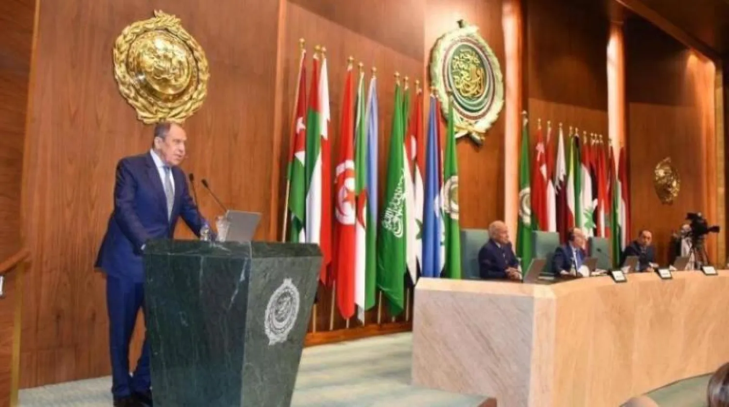 وزير الخارجية الروسي سيرغي لافروف أثناء كلمته بالجامعة العربية يوليو (تموز) الماضي (الخارجية الروسية)