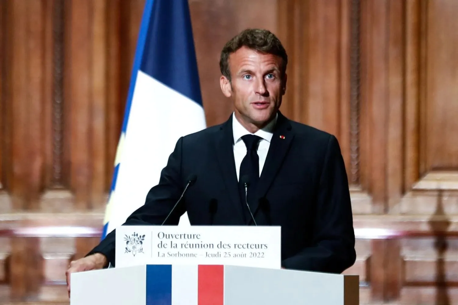 French President Emmanuel Macron delivers a speech during a meeting on education at the amphitheater of the Sorbonne University in Paris, France August 25, 2022. Mohammed Badra/Pool via REUTERS/File Photo
