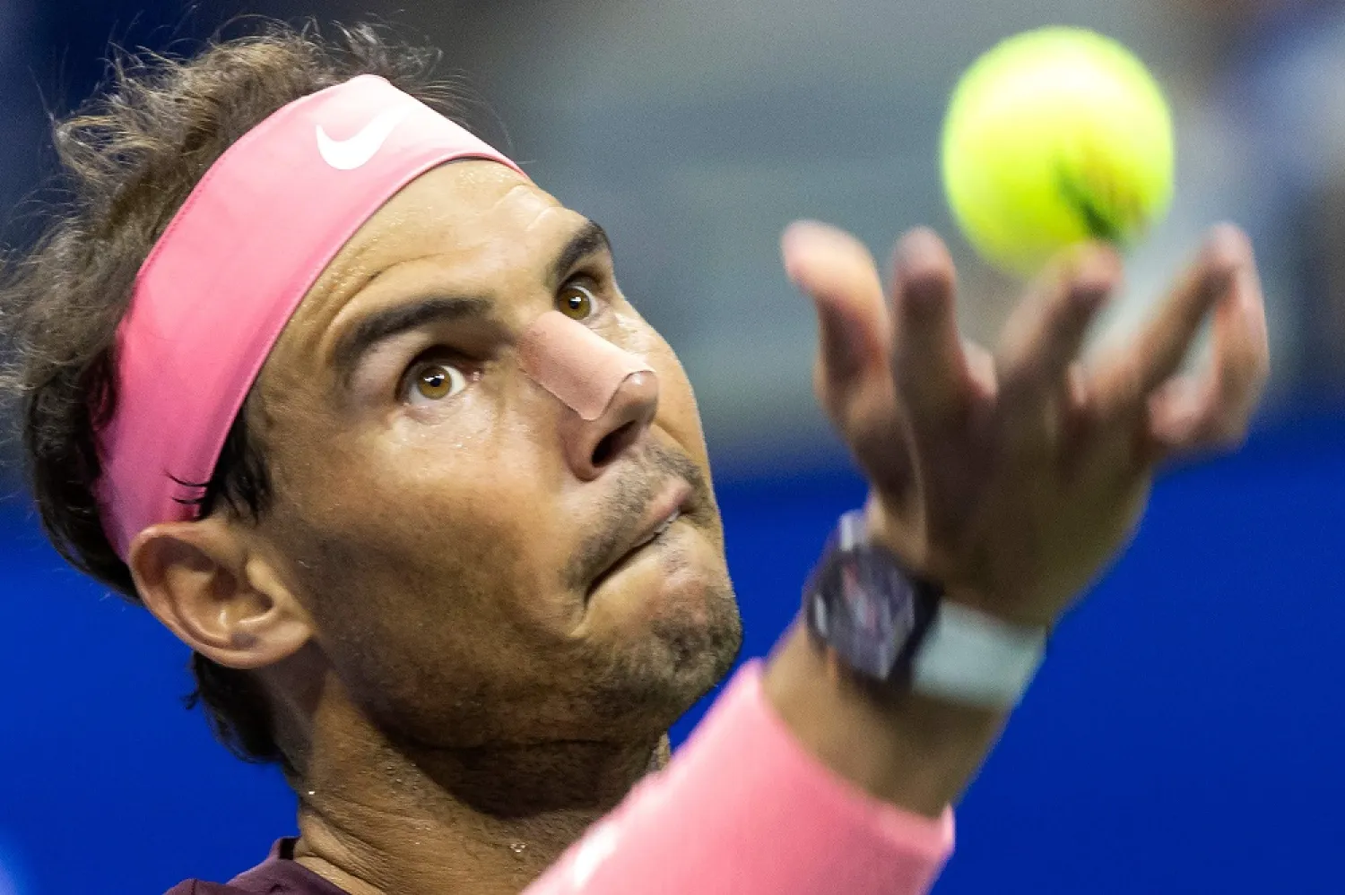 Spain's Rafael Nadal serves to Italy's Fabio Fognini during their 2022 US Open Tennis tournament men's singles second round match at the USTA Billie Jean King National Tennis Center in New York, on September 1, 2022. (AFP)