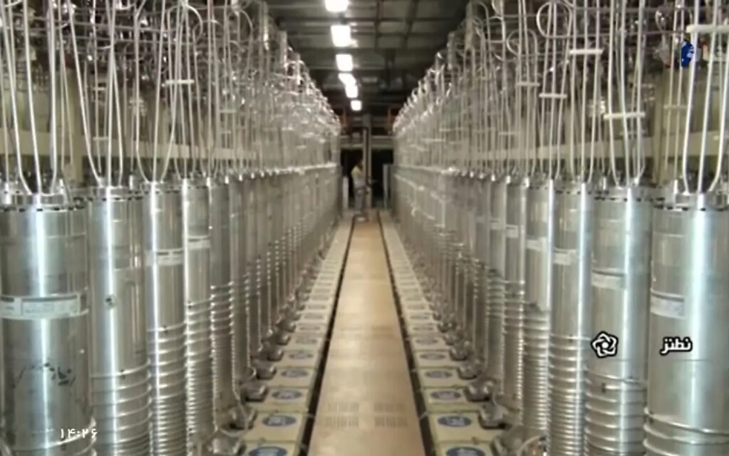 Various centrifuge machines line a hall at the Natanz Uranium Enrichment Facility, on April 17, 2021. (Screenshot/IRIB, via AP)