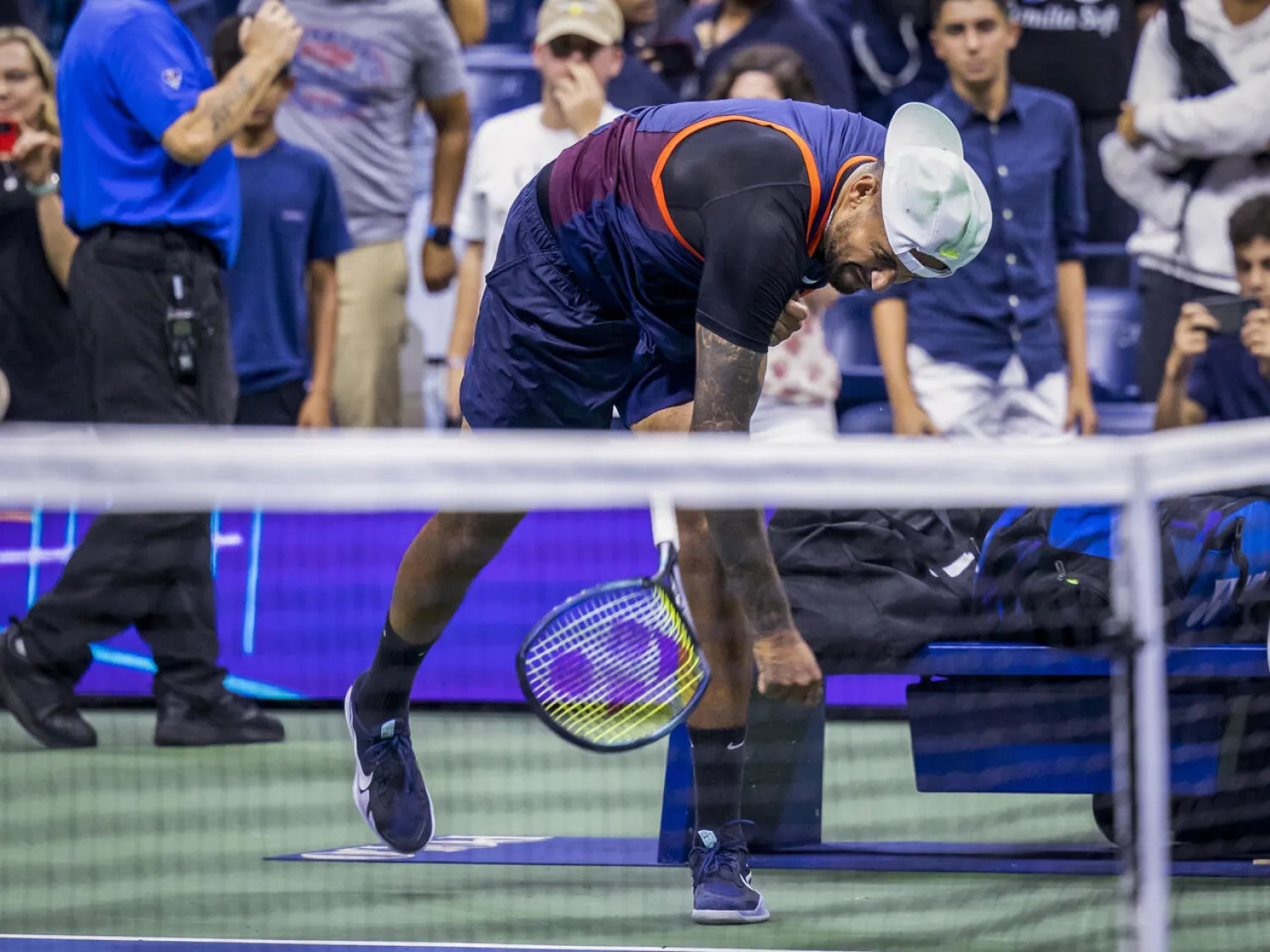 Smashing time: Nick Kyrgios throws his racquet to the ground after losing his quarter-final to Karen Khachanov COREY SIPKIN AFP
