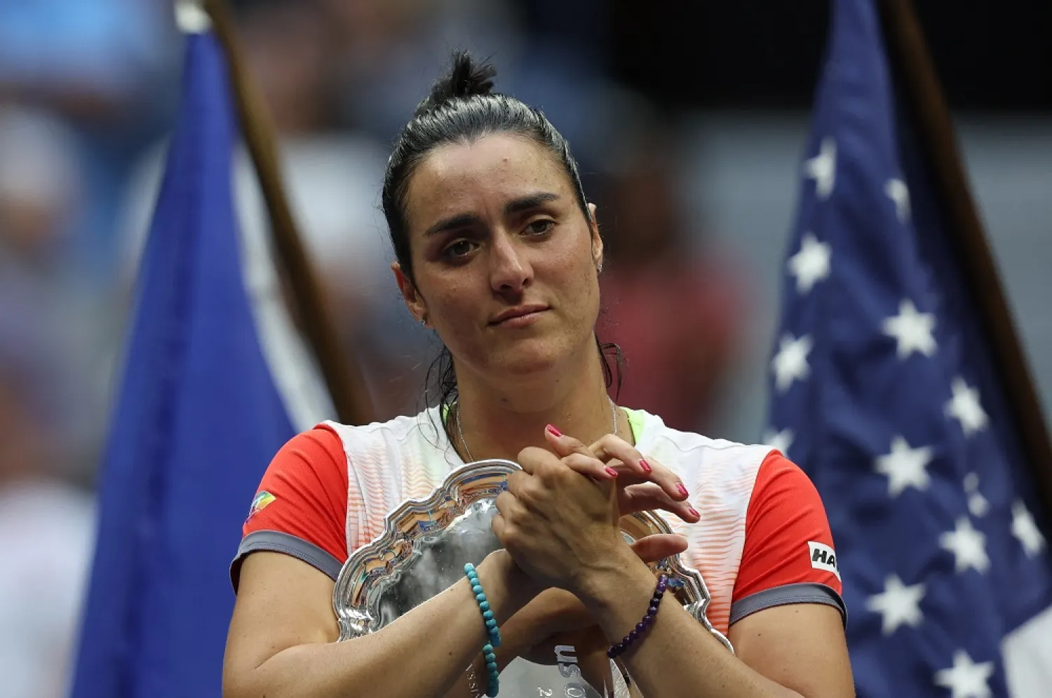 Tennis - US Open - Flushing Meadows, New York, United States - September 10, 2022 Tunisia's Ons Jabeur with the finalist trophy after finishing second in the US Open. (Reuters)
