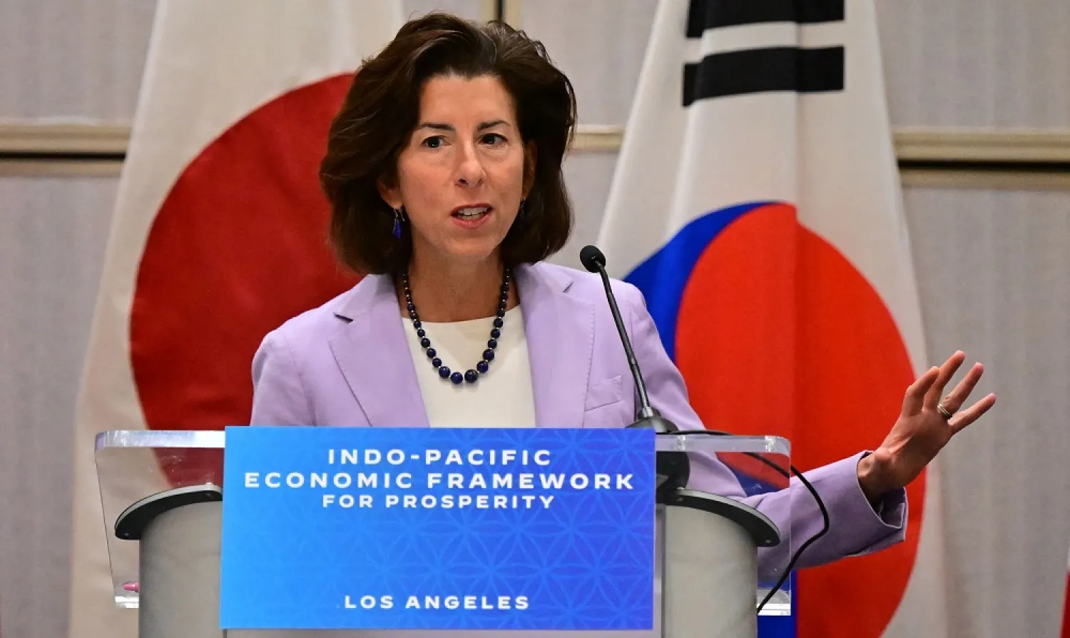 US Commerce Secretary Gina Raimondo speaks during the Welcome Breakfast at the Indo-Pacific Economic Ministerial in Los Angeles, California, on September 8, 2022. (AFP)