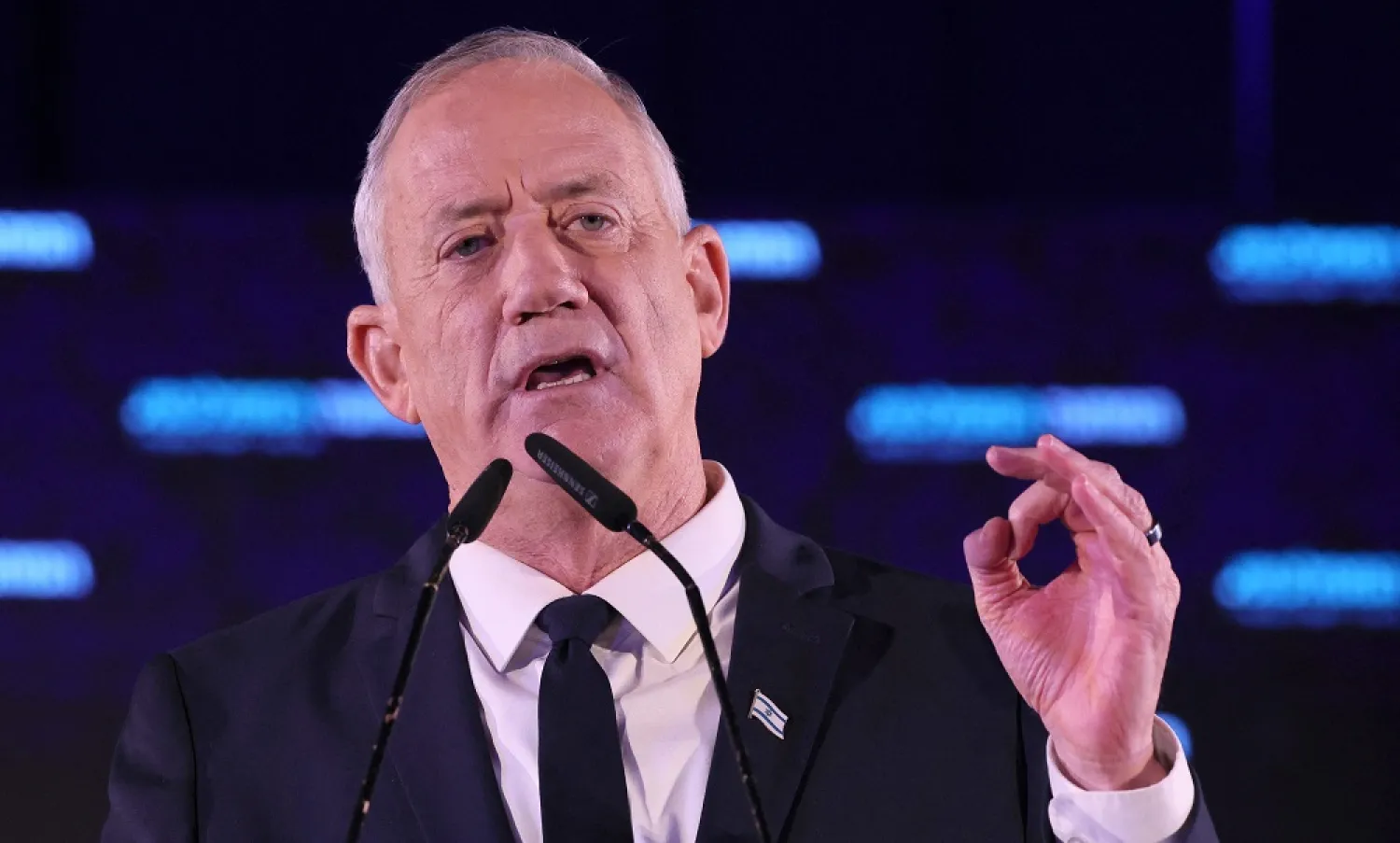 Benny Gantz, Israeli Defense Minister and leader of the National Unity Party political alliance, speaks during a political rally in the coastal city of Tel Aviv on September 6, 2022, to announce the candidates for the upcoming parliamentary elections. (AFP)
